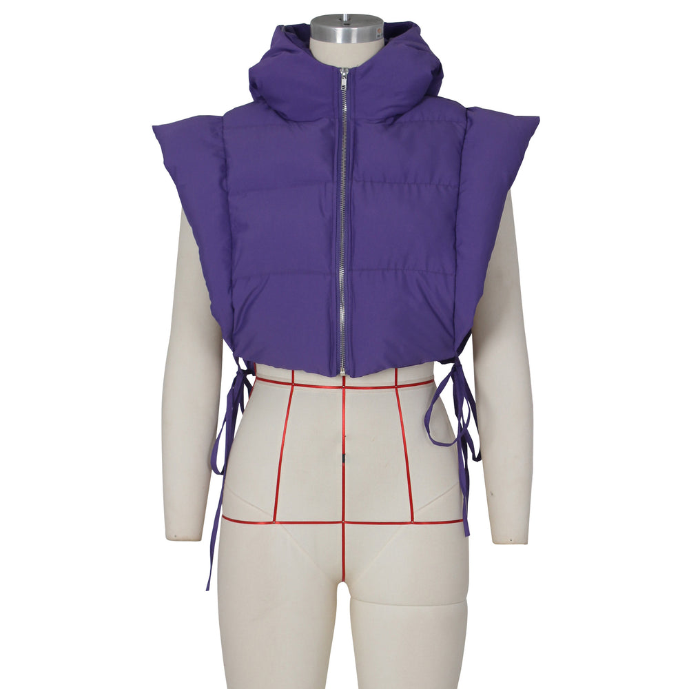European and american style women's autumn new arrival: hooded, sleeveless, tie-up, cropped vest with side slits - versatile and trendy puffer jacket for women