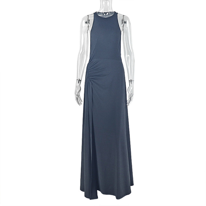 European and american style cross-border new solid color women's bodycon pleated design sleeveless maxi dress with round neck