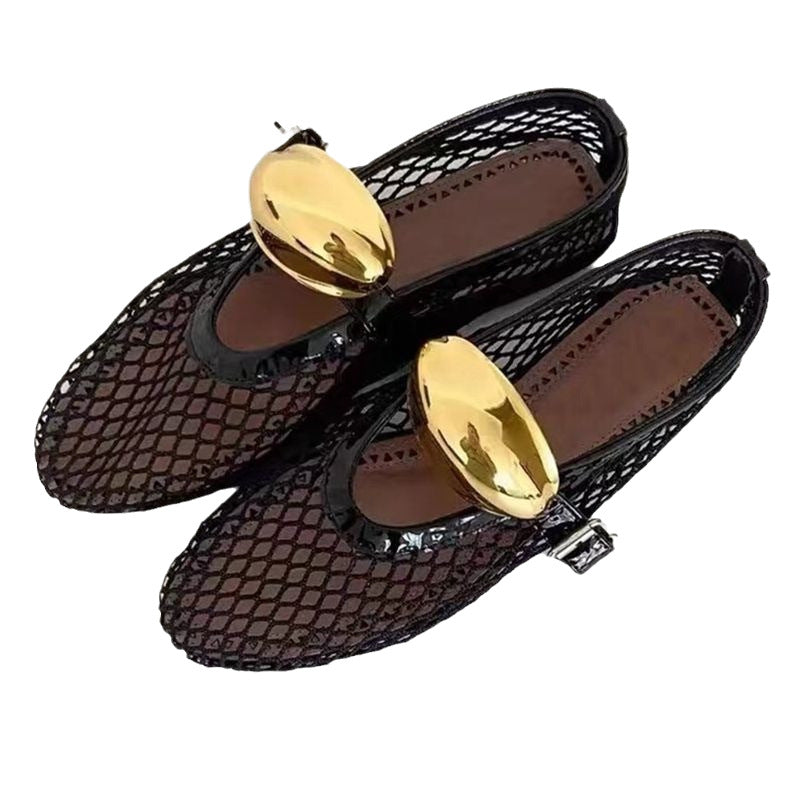 Cross-border round head niche fish grid hollow ballet shoes women's new fashionable and simple flat-bottomed belt buckle single shoes