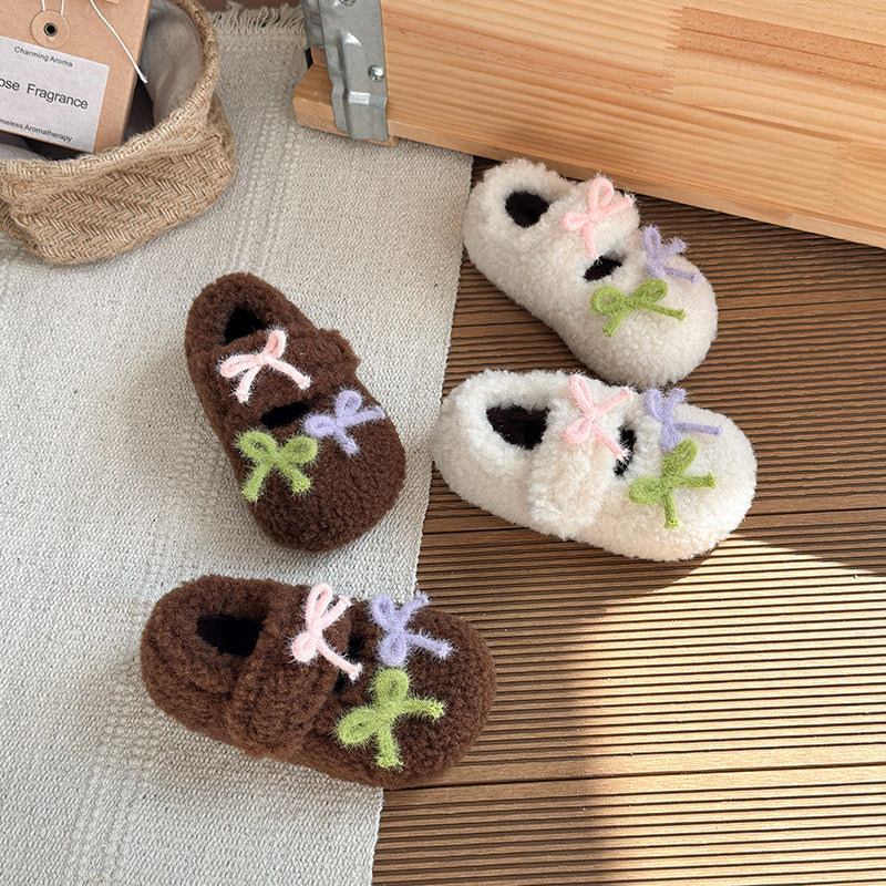 ins French fluffy shoes 2025 winter new Korean version of girls cute color matching bow soft sole velvet cotton shoes