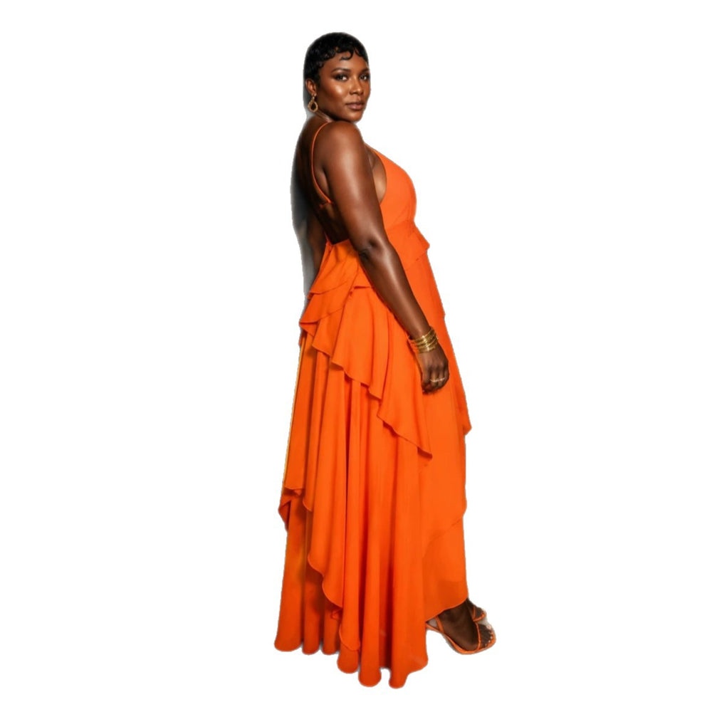 European and american cross-border women's fashion  summer new sexy elegant v-neck ruffle trim criss-cross backless cami dress