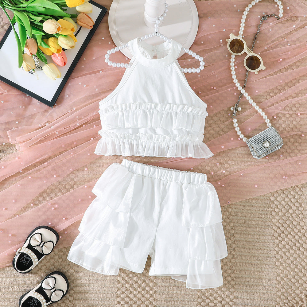 new girls' halter neck off-shoulder tiered skirt pants sweet princess set