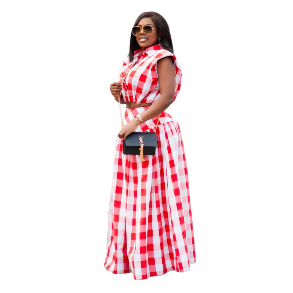 European and american cross-border women's fashion:  summer new collection - trendy plaid turn-down collar shirt and a-line skirt set