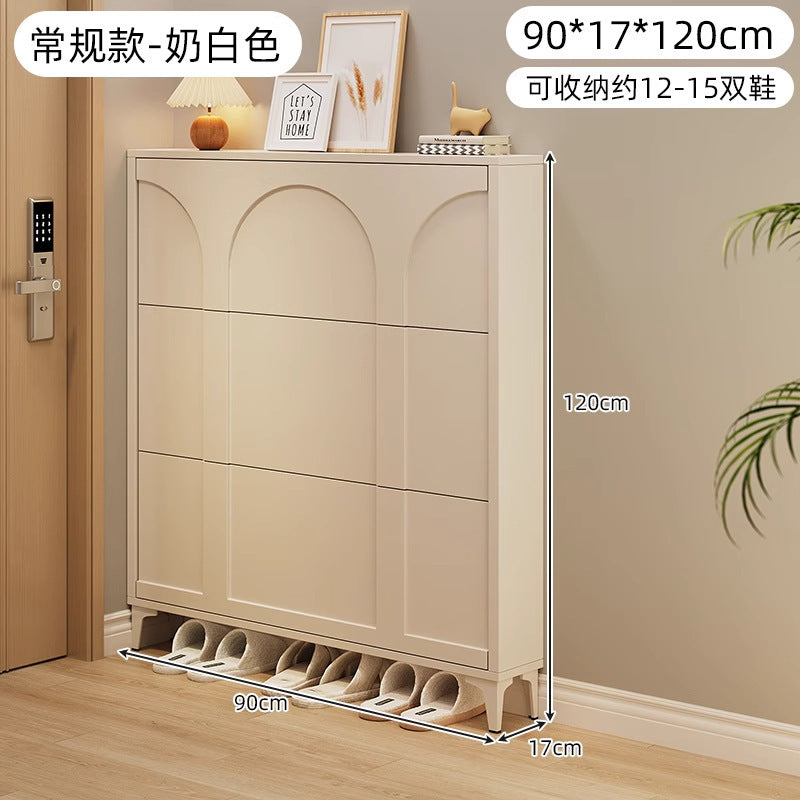 Ultra-thin tipping shoe cabinet cream style for home door small narrow entrance door shoe cabinet space-saving entrance cabinet all-in-one shoe rack