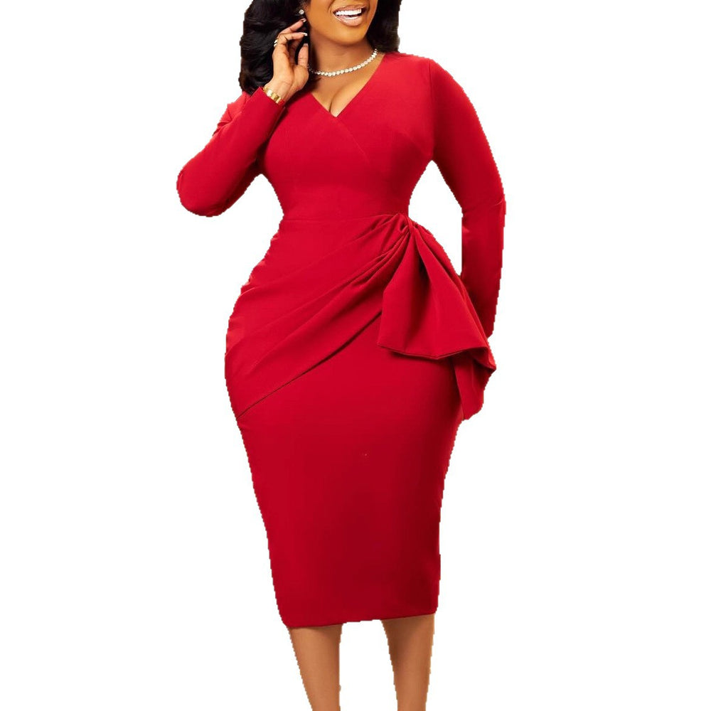 D606  foreign trade women's clothing  winter new long-sleeved pleated bodycon ol plus size foreign trade dress