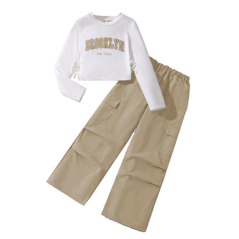 Children's suitcross-border girls' clothing springnew arrivaleasiest for matchletterlong sleevessweatshirtamerican workwear pantstwo-piece set