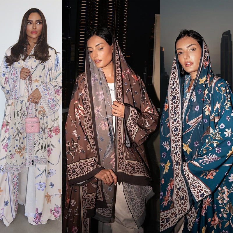 women's fashion printed cardigan robe set with headscarf - loose fit