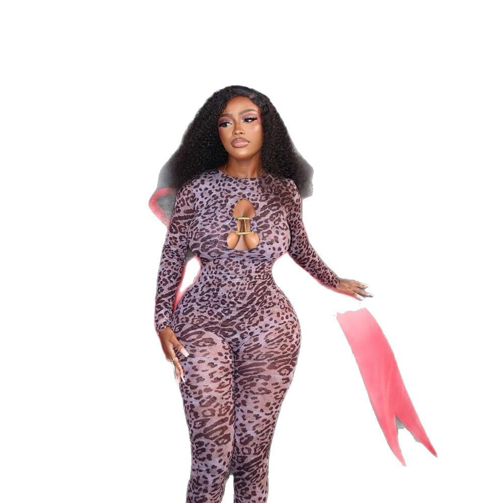 European and american cross-border women's spring  new collection: round neck, long sleeve, leopard print, sexy cutout bodycon jumpsuit