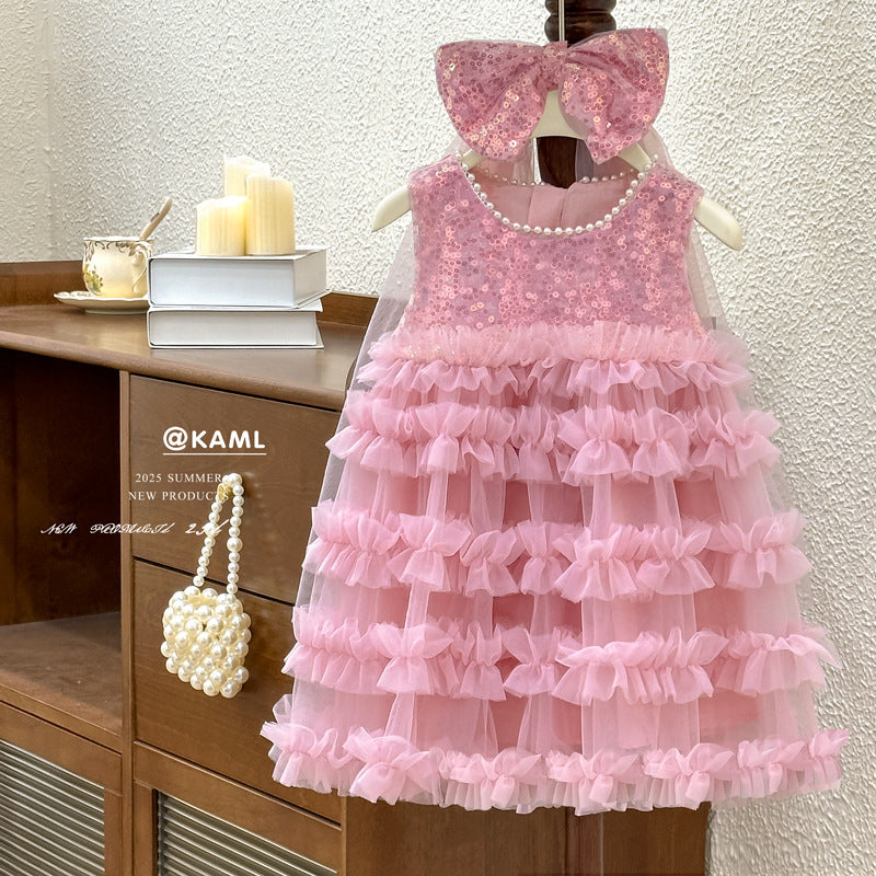 Girls' dress  summer new style chic little girl sequin vest dress pearl collar cake skirt trendy