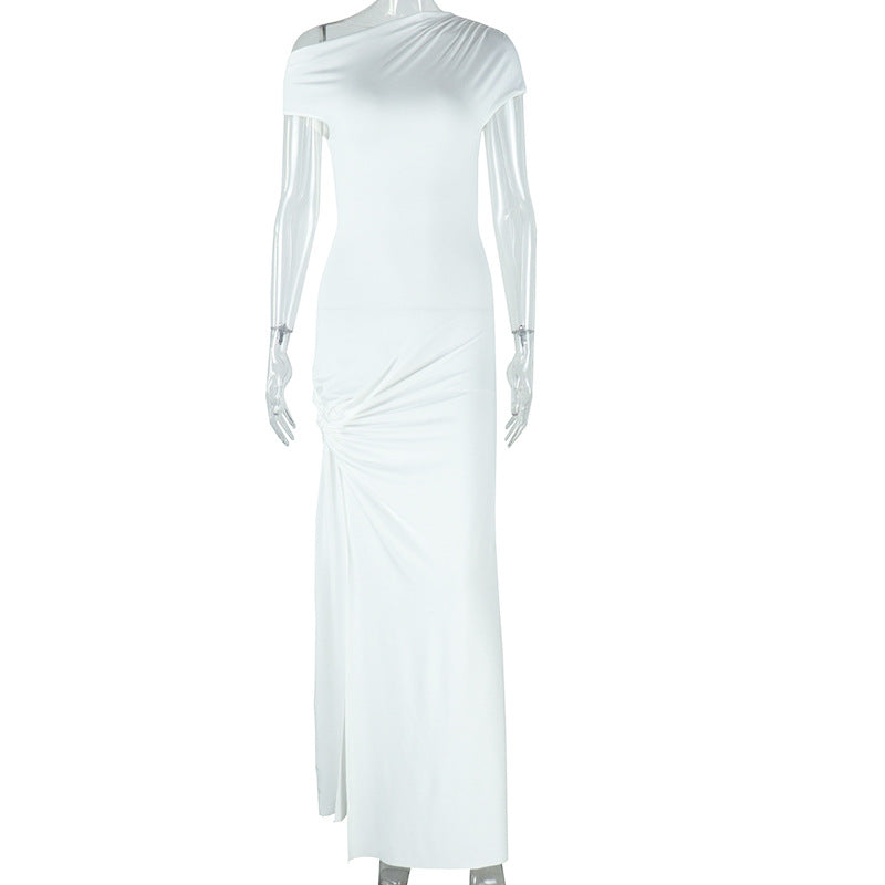Fashion style insexport women's pure colordress oblique collar short sleeve sexyasymmetrical slit elegant skirt dress