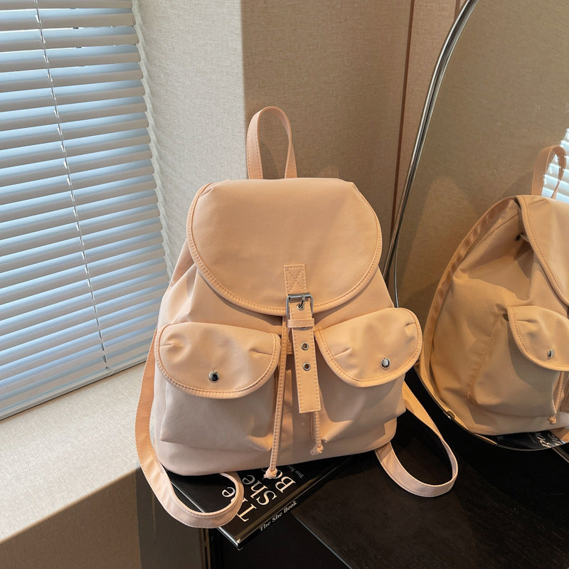 Solid color retro backpack women's 2025 new fashion travel leisure backpack double pocket college bag