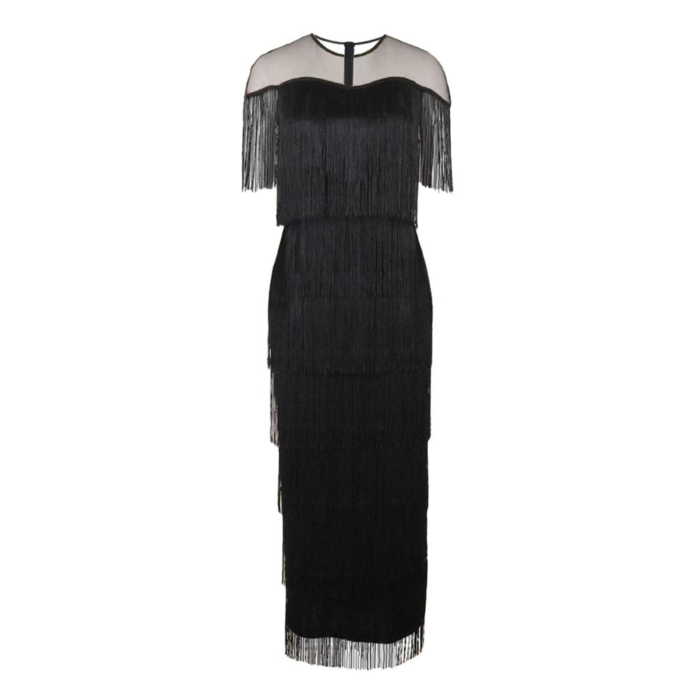 new mesh patchwork tassel crew neck dress high waist slim fit evening sexy bodycon dress