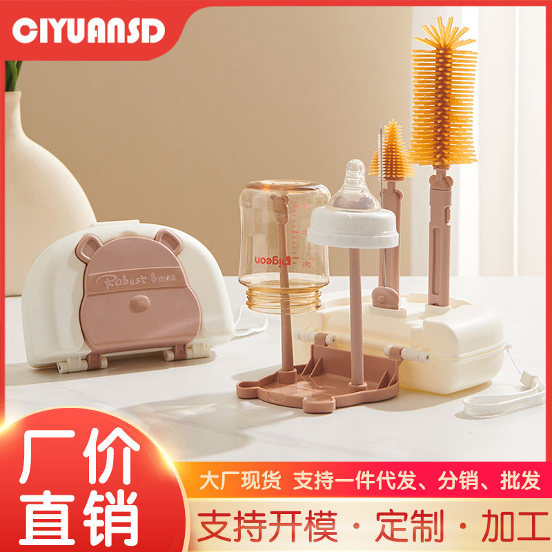 Infant and toddler cleaning brush set - includes straw brush, cup brush, drain rack, and storage box - baby silicone bottle brush