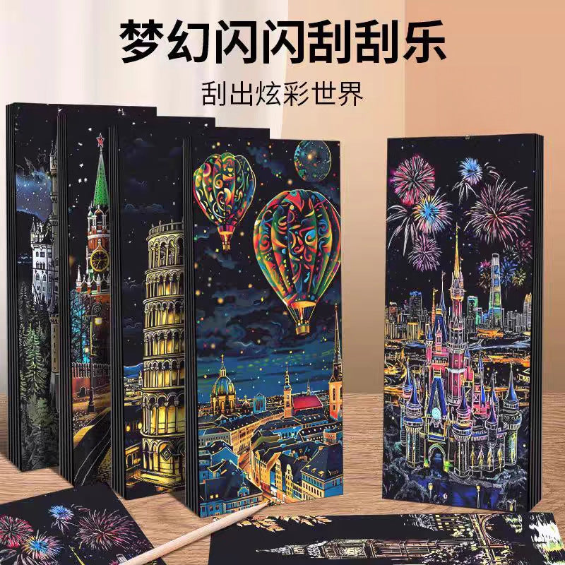 Scratch art paper - diy hand-painted scratch art - creative castle & dazzling night scene - stress relief art scratch paper