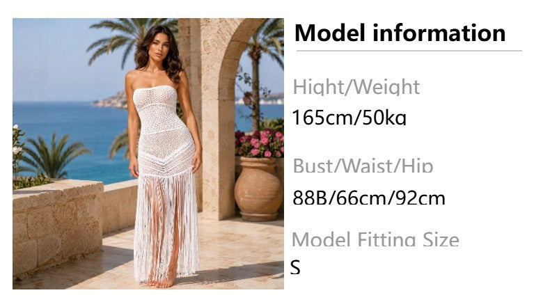 European and american beach party bandeau knit tassel maxi dress - cutout, sheer, sleeveless, bodycon cover-up - cross-border women's apparel wholesale