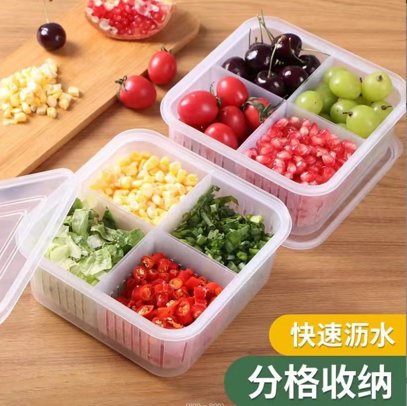 Transparent four-compartment chopped green onion box with lid, kitchen double-layered compartment drain box, refrigerator refrigerated fresh food storage box