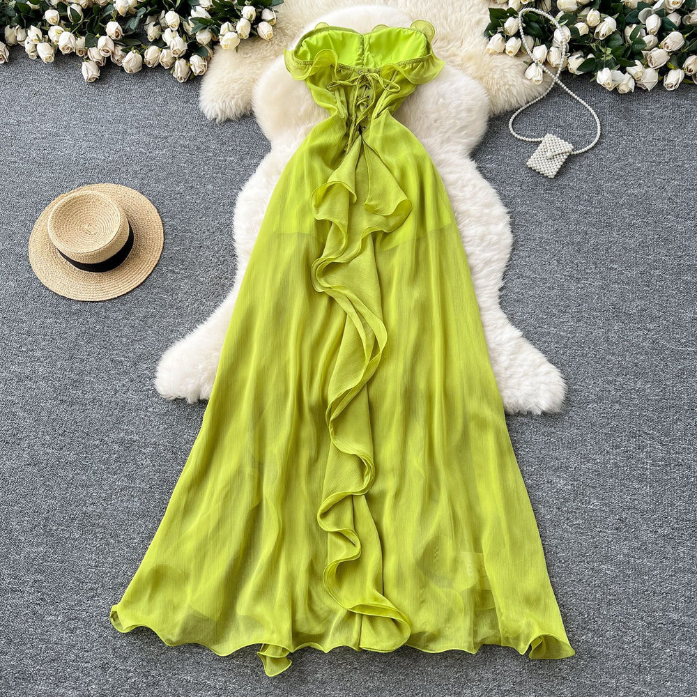 Vacation-ready dress:  summer french-inspired sexy bandeau dress - slimming, high-waisted, slit, ruffle-trimmed, asymmetrical maxi dress