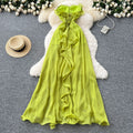 Vacation-ready dress:  summer french-inspired sexy bandeau dress - slimming, high-waisted, slit, ruffle-trimmed, asymmetrical maxi dress