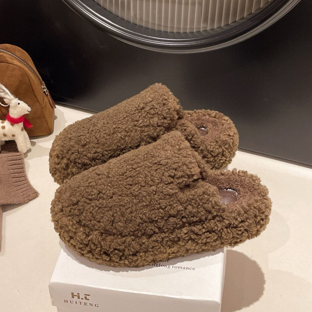 Influencer-approved lambswool slippers with closed toe - women's fall/winter outerwear, 2025 new collection, slip-on cotton slippers, flat sole