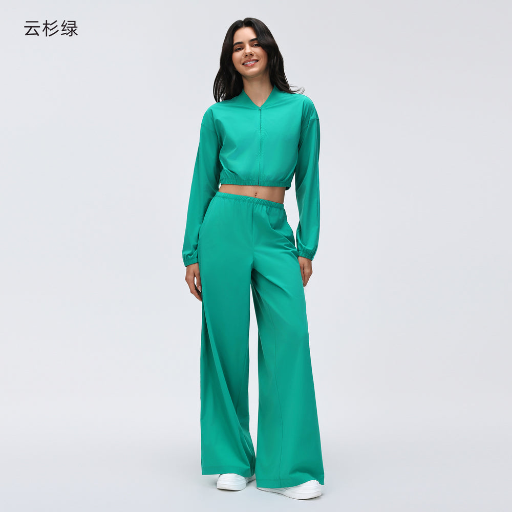 Women's outdoor sports fitness outfit set - lightweight long sleeve zip-up jacket & loose fit straight leg casual active pants