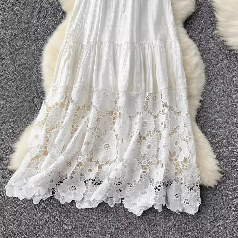 White fairy dress 2024 summer new arrival - high-end sleeveless halter neck lace patchwork loose elegant maxi dress