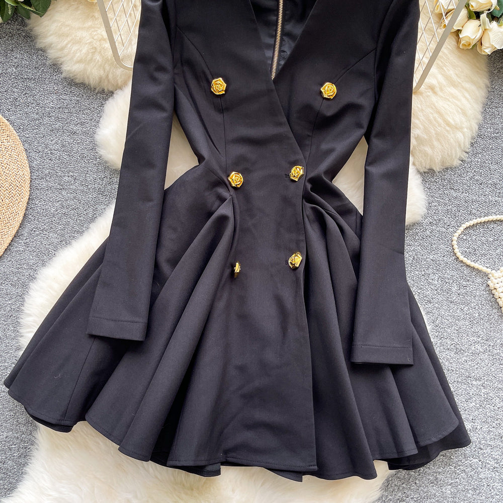 French retro chic high-end v-neck metallic buckle long sleeve cinched waist flared dress - women's autumn formal dress