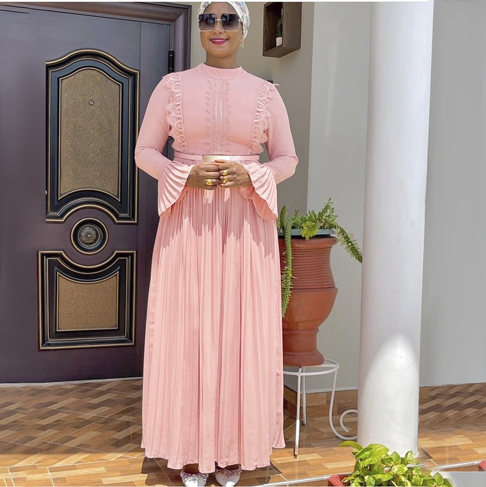 African women's fashion: elegant commute-ready long sleeve chiffon pleated midi dress with belt