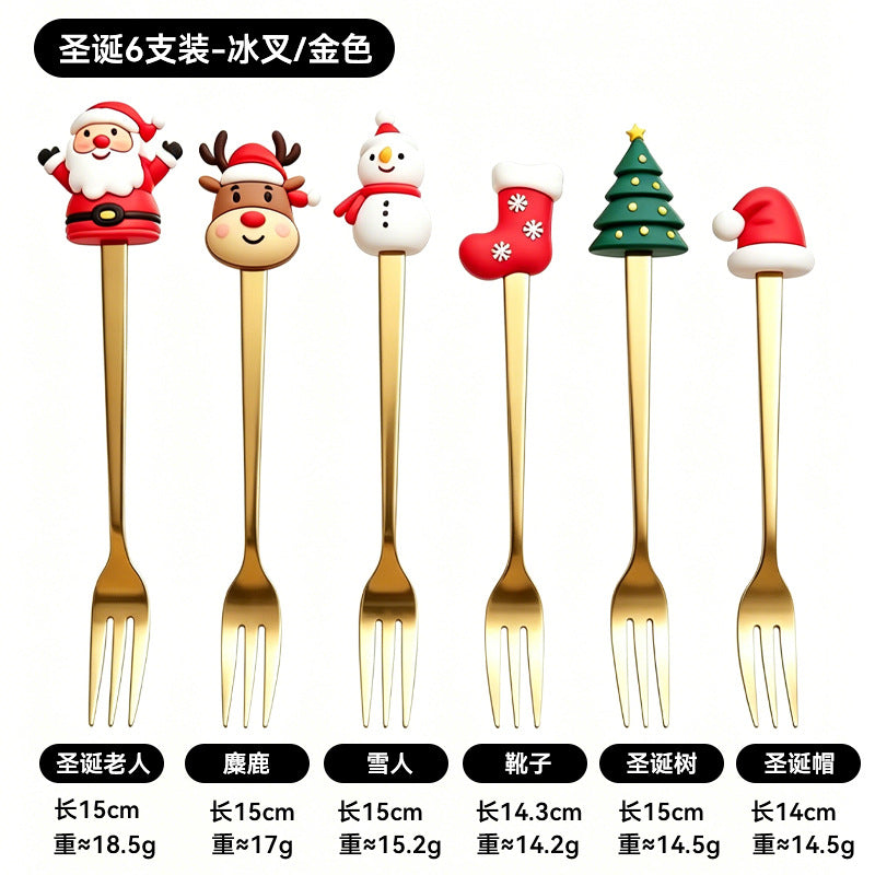 christmas cartoon cutlery gift box stainless steel silicone head spoon fork coffee spoon fruit fork cross-border set wholesale