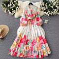 European and american style women's high-end vintage elegant stand collar single-breasted long sleeve cinched waist flared print vacation maxi dress
