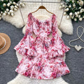 French romantic floral flared sleeve dress - women's spring/autumn cinched waist slimming tiered dress - elegant vacation style