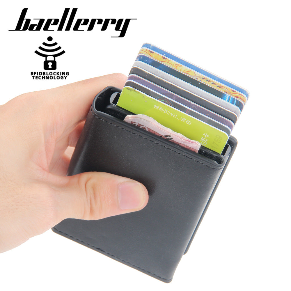 Baellerry's new men's card bag aluminum box anti-magnetic and anti-theft short automatic elastic card type high-sense card cover for men