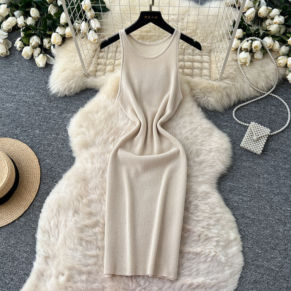 Korean style sleeveless minimalist knit versatile dress - women's summer high-waisted slimming casual a-line dress - light luxury