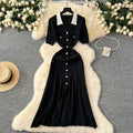 French style retro color block turn-down collar short sleeve single-breasted cinched waist inner layer knit dress - women's long knit dress