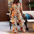European and american cross-border women's fashion:  autumn new arrival - elegant printed loose-fit short-sleeve shirt and wide-leg pants casual set