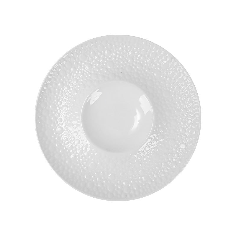 Modern minimalist white ceramic plate - embossed creative design for restaurant, hotel, and home use - premium, unique serving dish