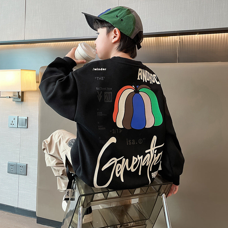 spring new boys' casual oversized drop shoulder pumpkin letter print long sleeve sweatshirt (sizes for mid-to-large children)