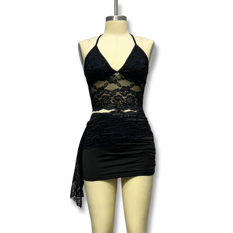 Sexy see-through camisole cut outlacepatchwork hip-covering short skirt new arrivalfashion style women's suit