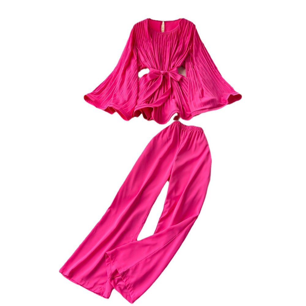 Sophisticated style niche styletwo-piece set women's loose waist tie backflare long sleeves pleated tops+high waistcasualpants