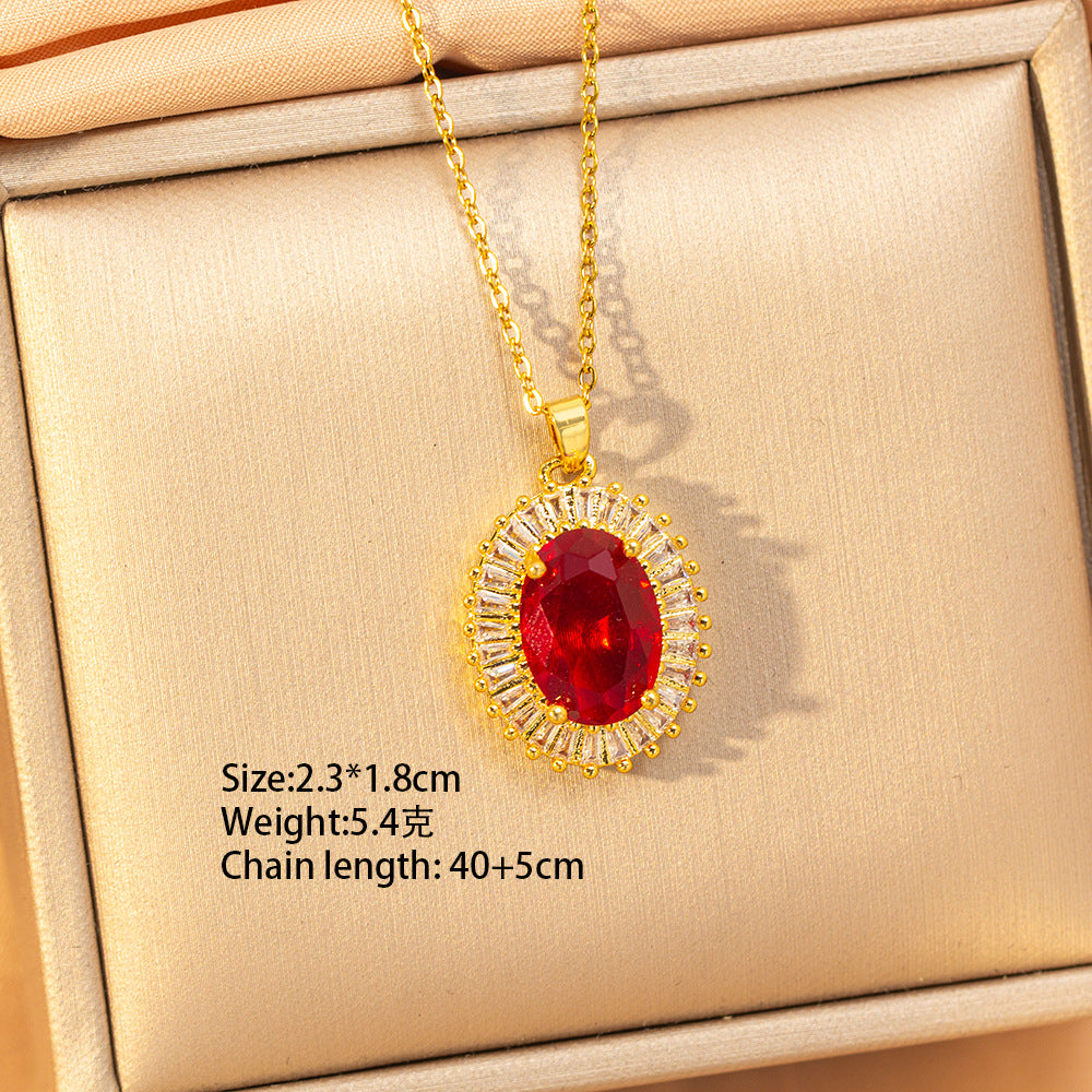 【titanium steel】copper inlaid zircon light luxury new style ruby necklace women's high-end fashion versatile elegant sweater chain jewelry