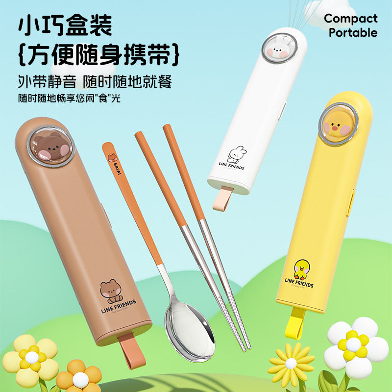 Cartoon cute portable tableware box student spoon chopsticks stainless steel picnic outdoor travel tableware set wholesale