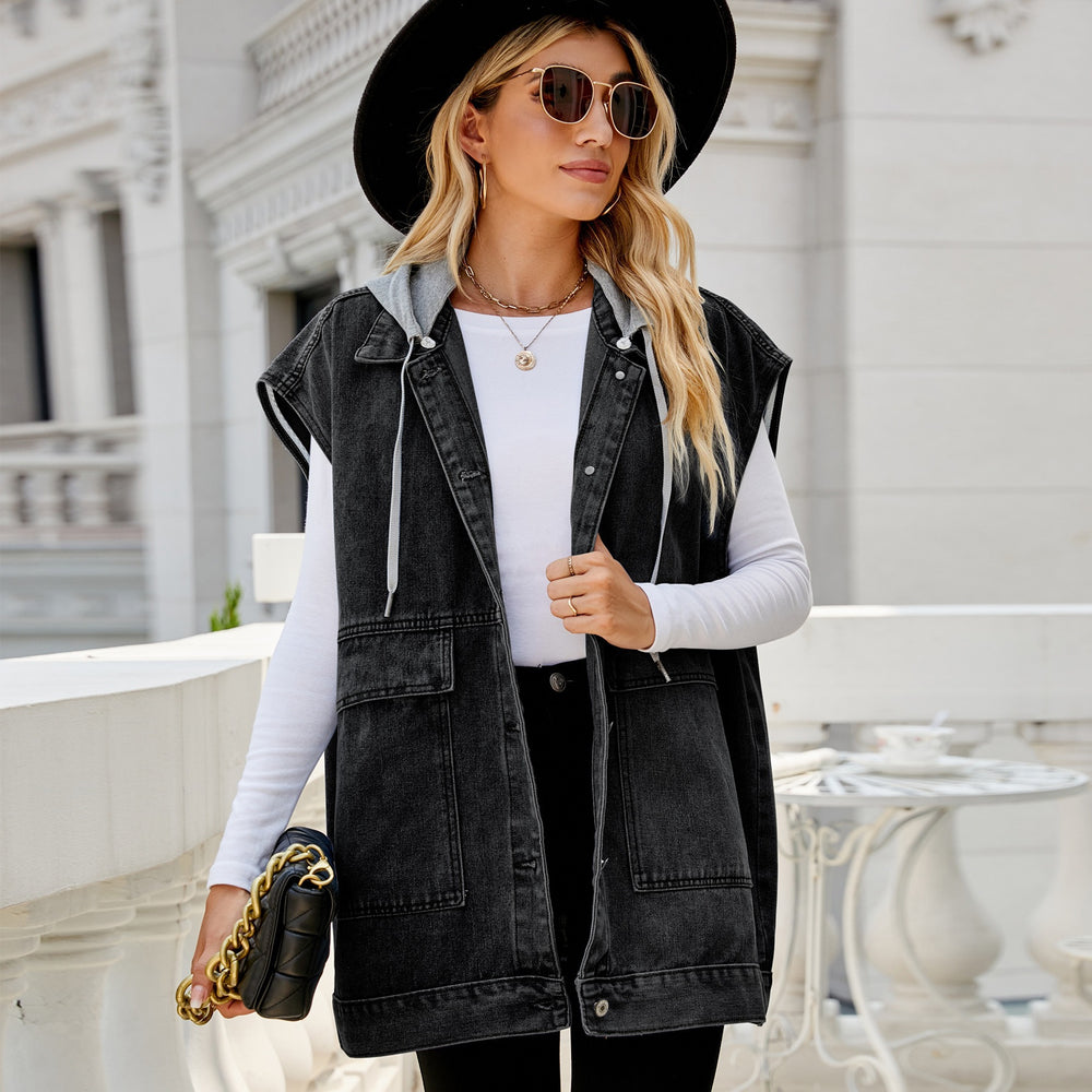 new arrival denim vest waistcoat women's fashiontrendy denim sleeveless vest hooded detachable