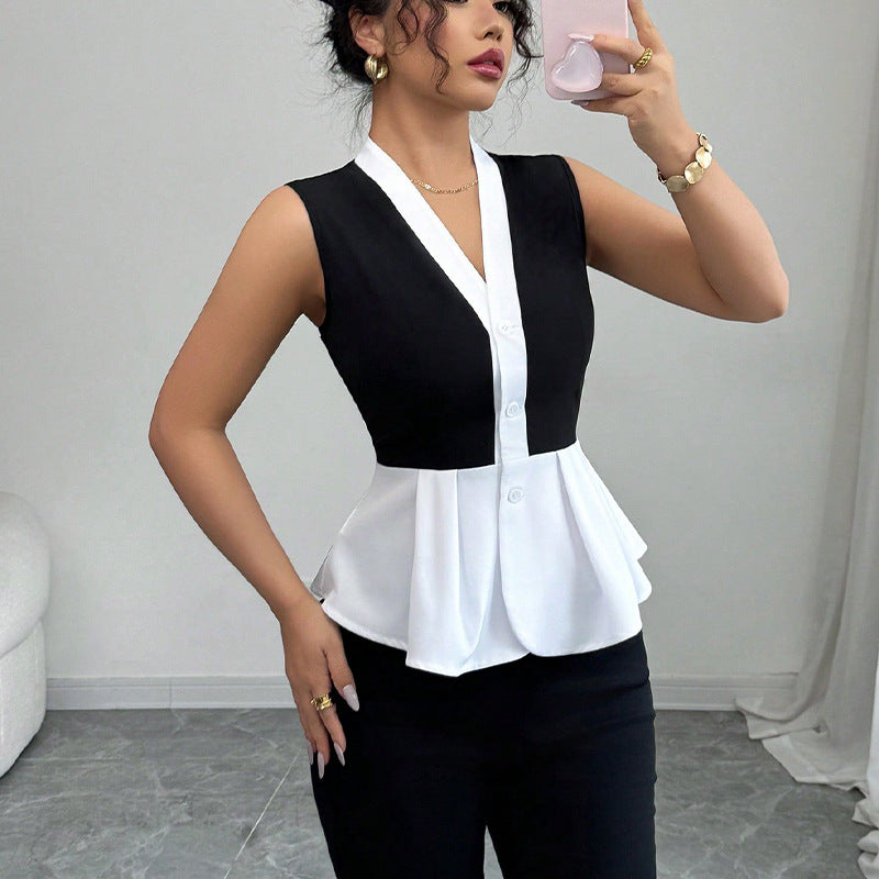 Cross-border wink   sleeveless shirt 2025 summer European and American commuter style fake two-piece cardigan shirt women