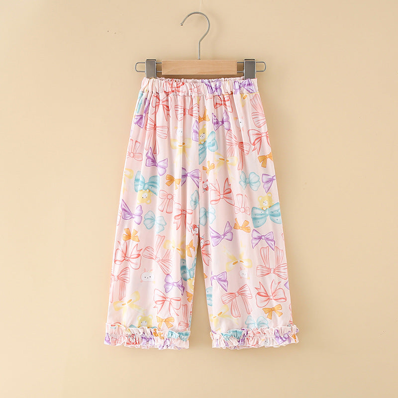 Girls' rayon summer lightweight pajama pants - cartoon print, loose fit, breathable, can be worn outdoors, cropped length