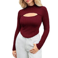 european and american women's clothing  spring/summer high neck cutout fashion sexy bodycon knitted long sleeve cropped top