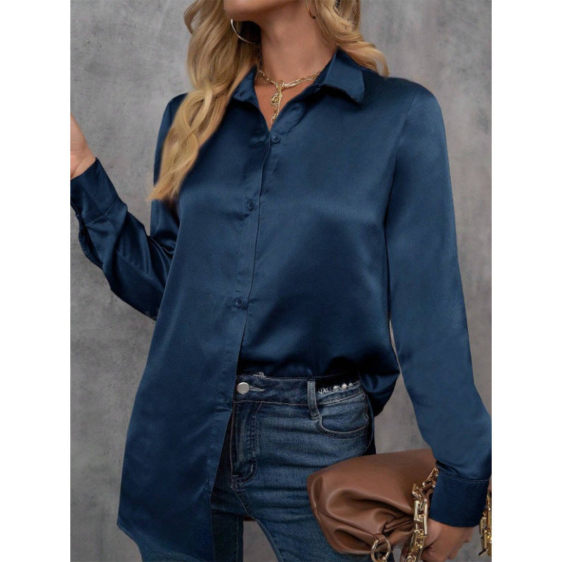 European and american chic satin long-sleeve blouse - new spring/summer solid color loose fit faux silk satin top