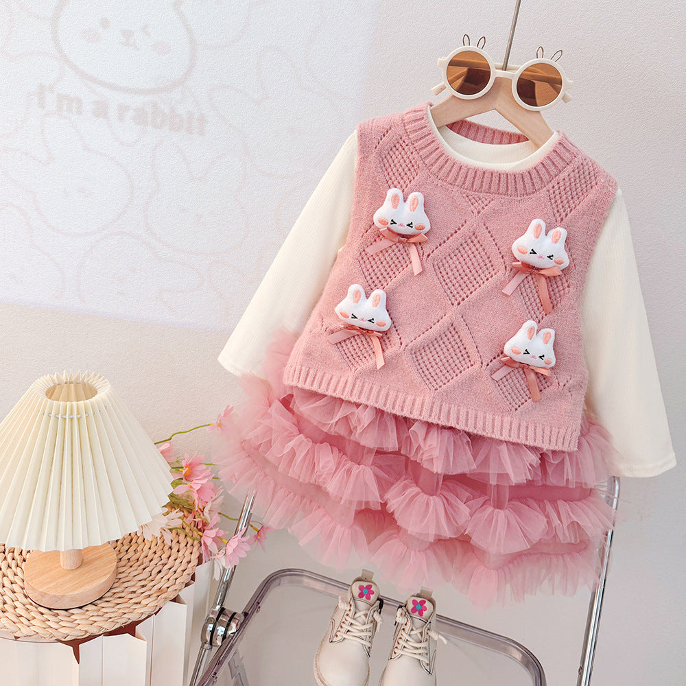 Girls' princess dress  new korean style round neck vest mesh skirt set little girl birthday dress spring and autumn