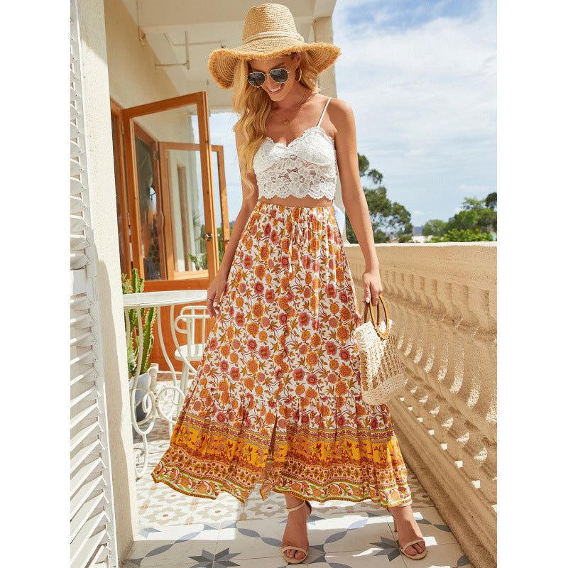 high-waisted rayon printed button-down slit midi skirt - perfect for beach vacations