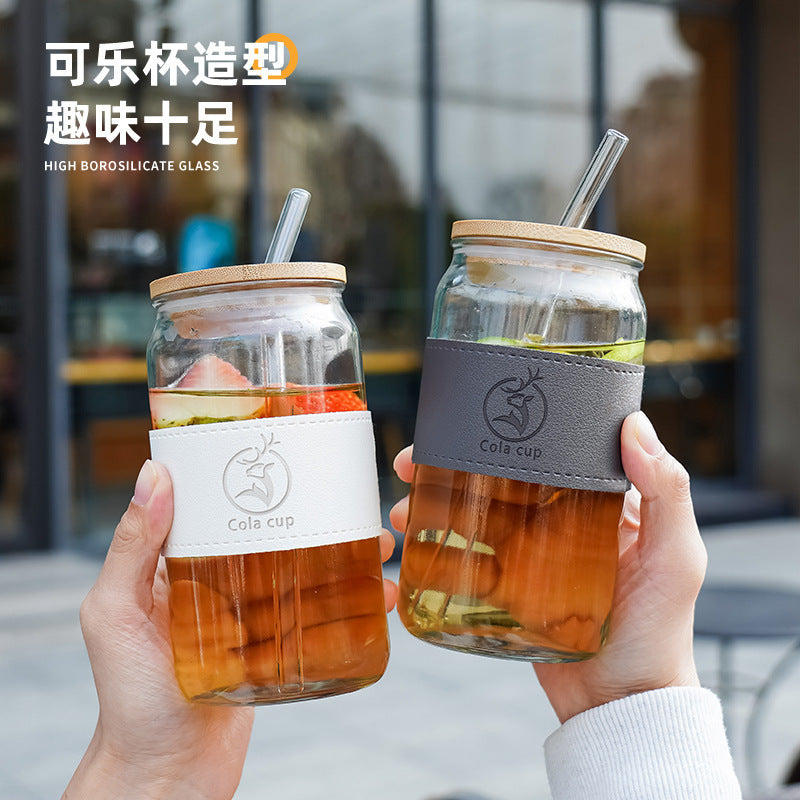 Amazon cross-border coke cup with straw, bamboo lid, juice cold drink cup, ins style glass water cup, personalized