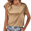 summer new arrival: women's solid color casual top - batwing sleeve satin round neck faux silk blouse