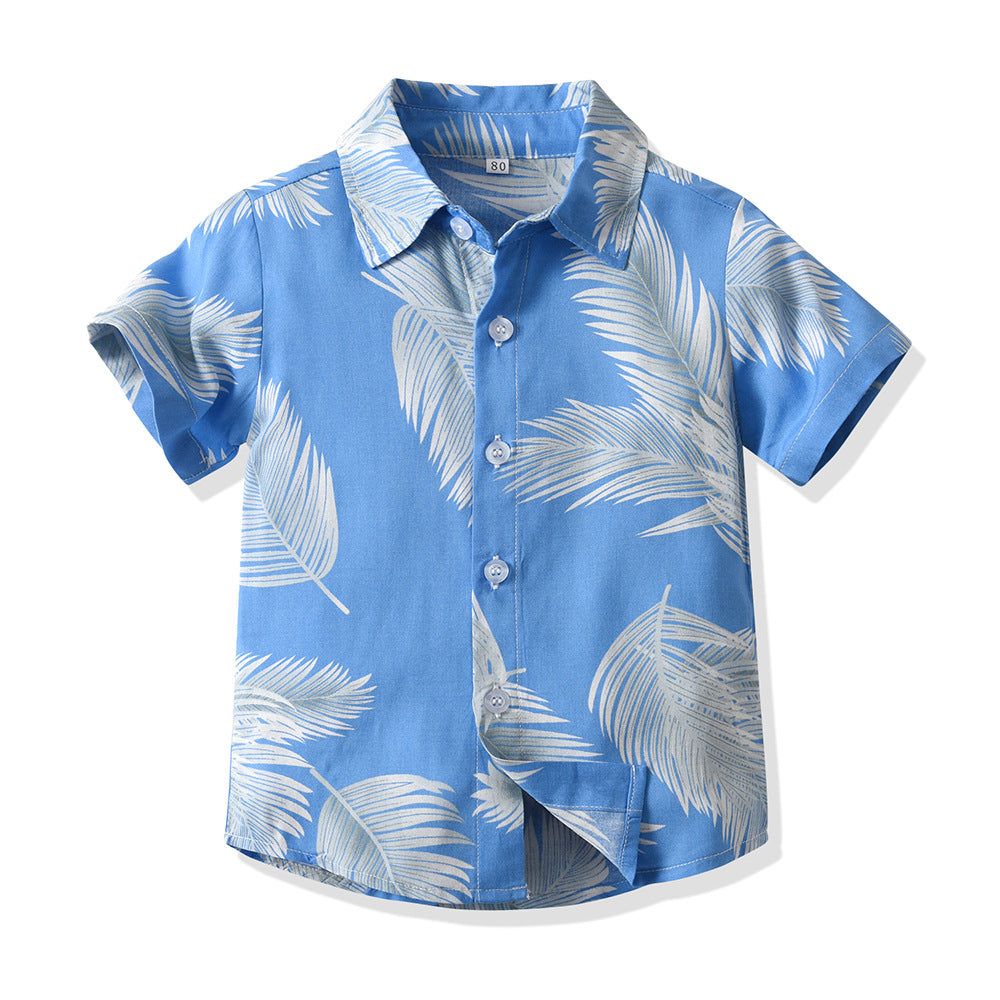 Summernew arrival cross-border kids shirt short-sleeved shirt fried handsome retro beach style printingshirt boys shirt